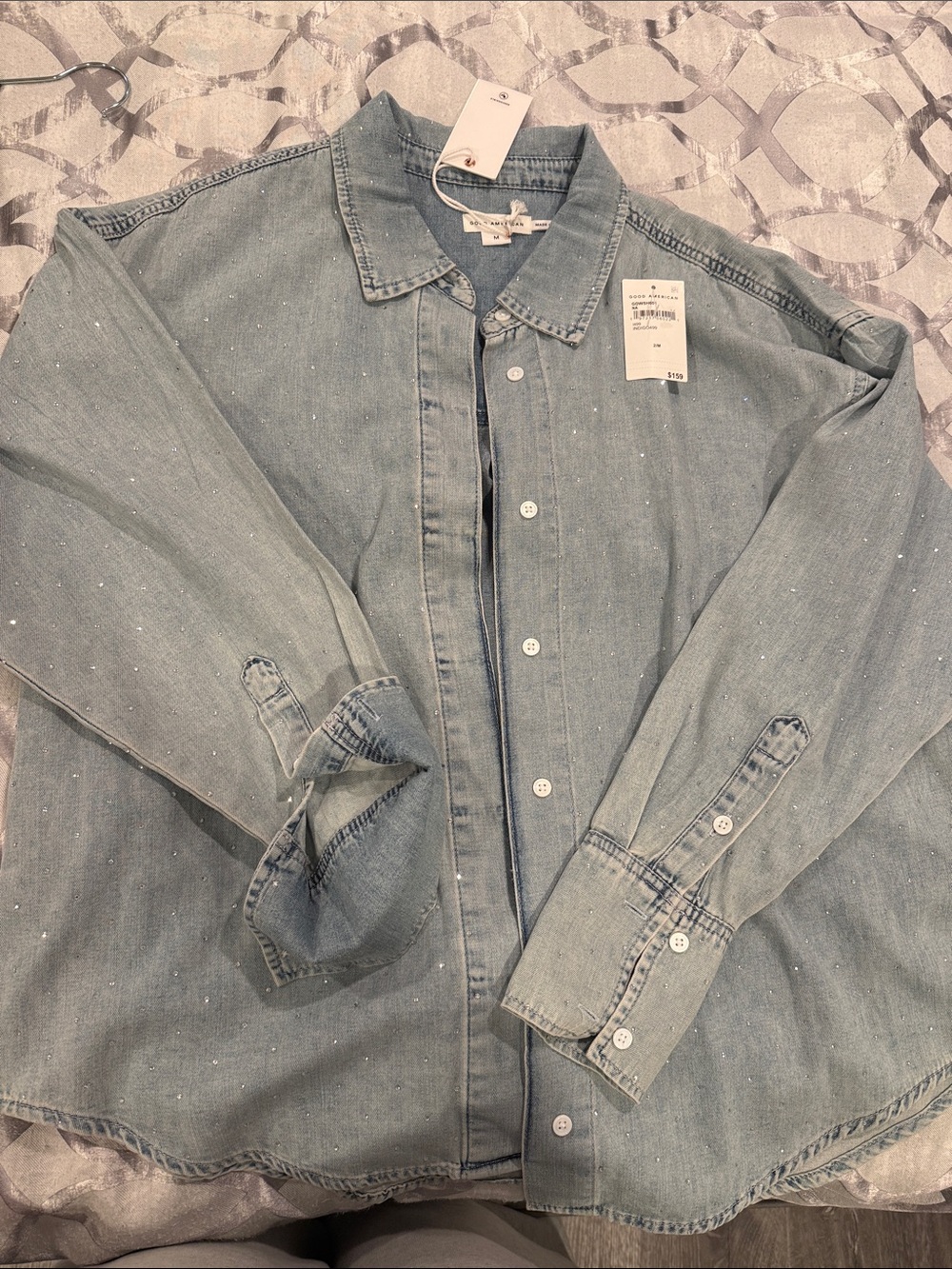 Rhinestone Light Blue Denim Button-Up Shirt - Casual